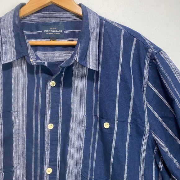 Lucky Brand Other - Lucky Brand  Linen Blend Stripe Short Sleeve Button Up  Mens XL Navy White Shirt